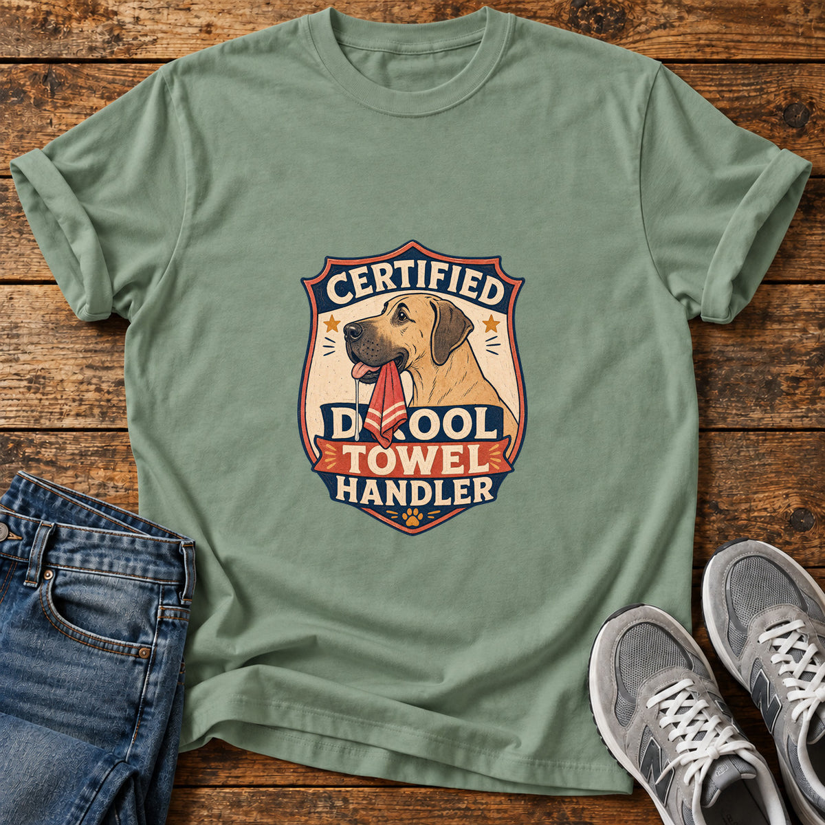 Certified Drool Handler Great Dane graphic T-shirt in Sage, shown on a flat-lay shirt mockup