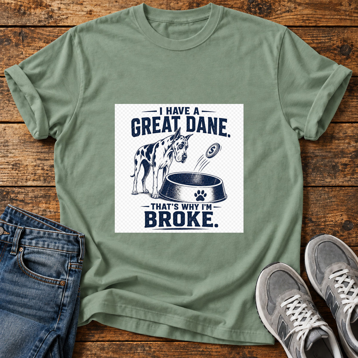 Great Dane Broke graphic T-shirt in Sage, shown on a flat-lay shirt mockup