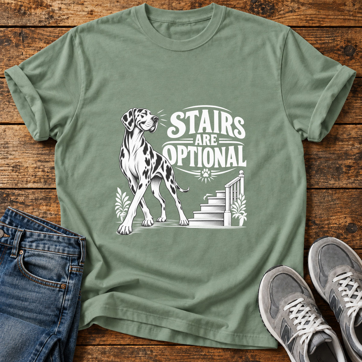 Stairs Optional Great Dane graphic T-shirt in Sage, shown on a flat-lay shirt mockup