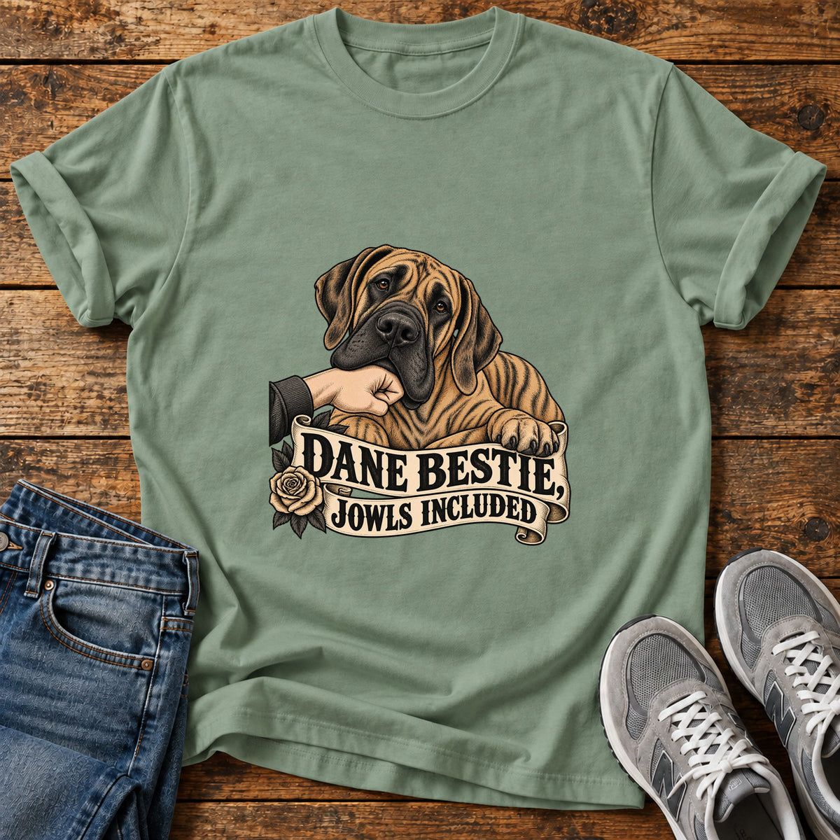 Dane Bestie Jowls Great Dane graphic T-shirt in Sage, shown on a flat-lay shirt mockup