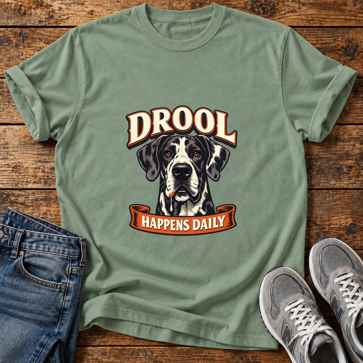 Drool Happens Daily Great Dane graphic T-shirt in Sage, shown on a flat-lay shirt mockup