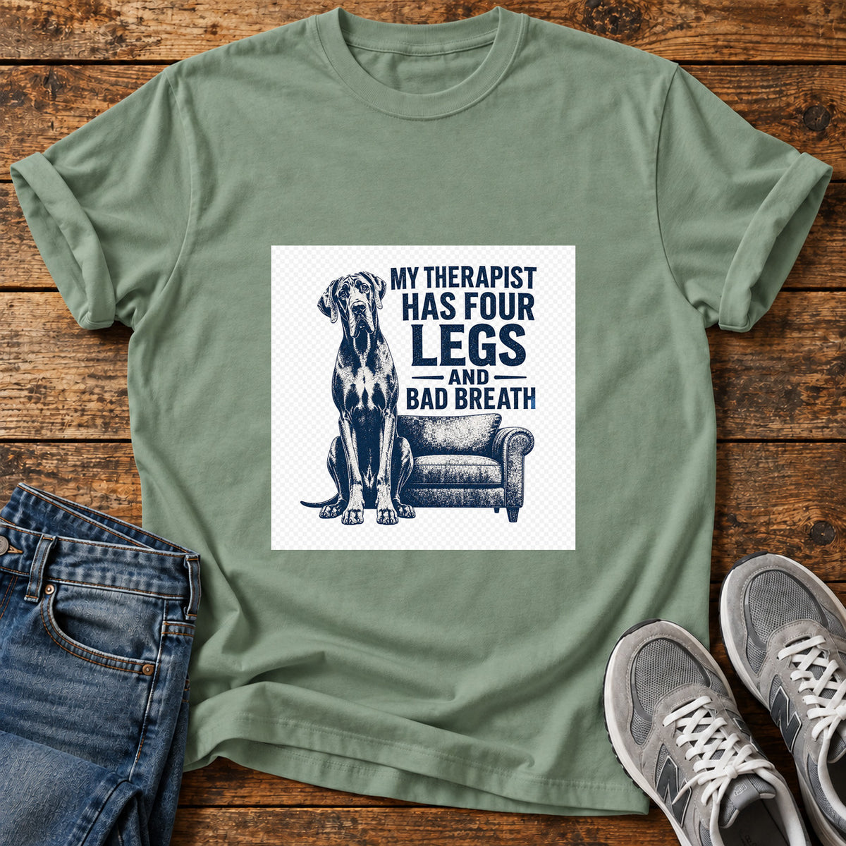 Four Leg Therapist Great Dane graphic T-shirt in Sage, shown on a flat-lay shirt mockup