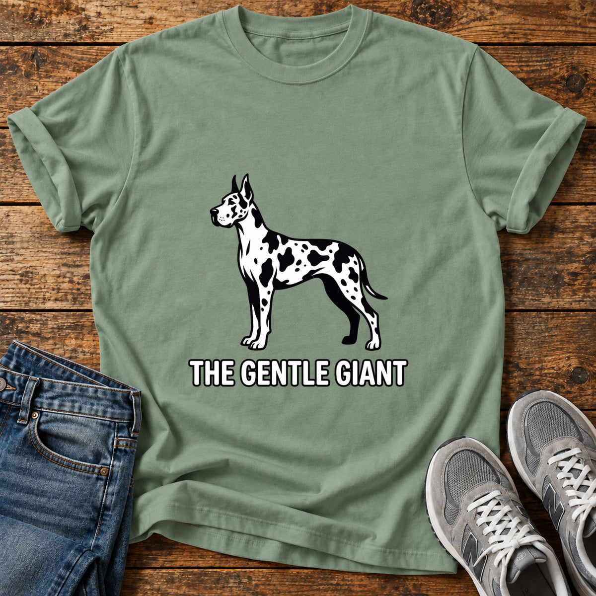 The Gentle Giant Great Dane graphic T-shirt in Sage, shown on a flat-lay shirt mockup