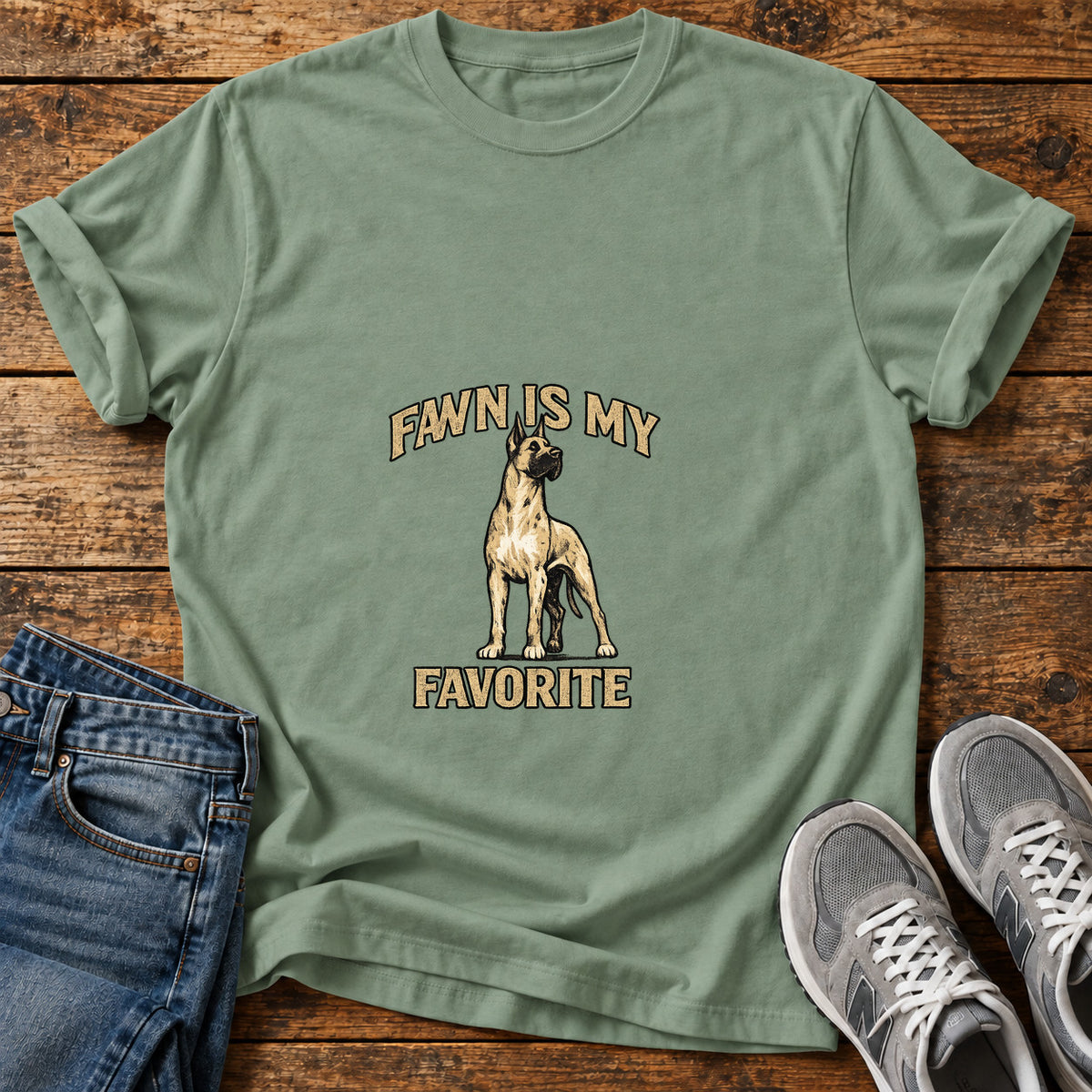 Fawn Favorite Great Dane graphic T-shirt in Sage, shown on a flat-lay shirt mockup