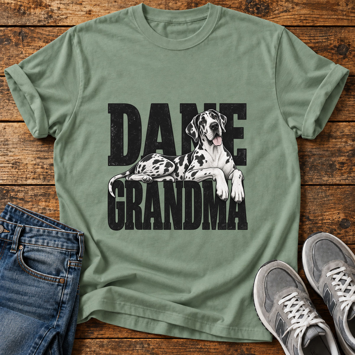 Dane Grandma Great Dane graphic T-shirt in Sage, shown on a flat-lay shirt mockup