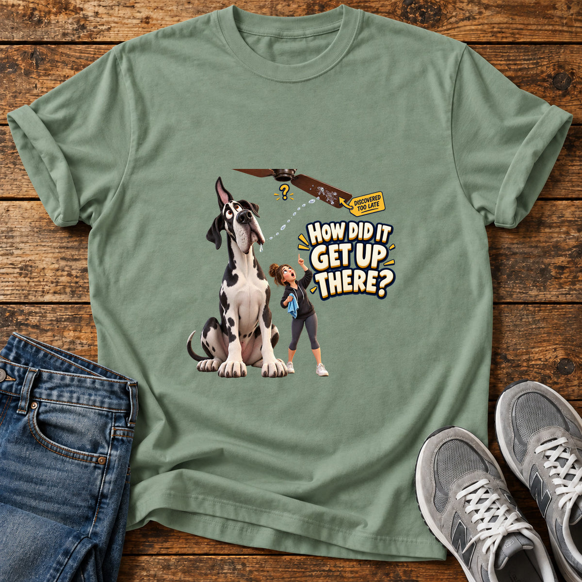 How Did It Great Dane graphic T-shirt in Sage, shown on a flat-lay shirt mockup