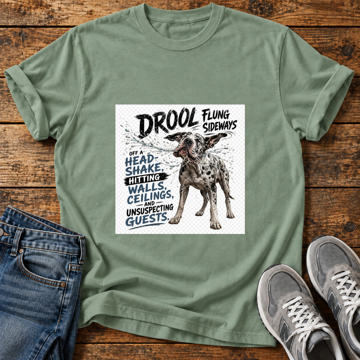 Drool Flung Sideways Great Dane graphic T-shirt in Sage, shown on a flat-lay shirt mockup