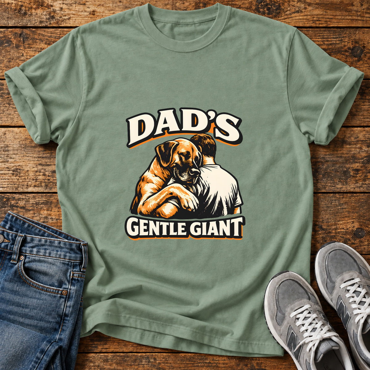 Dad's Gentle Giant Great Dane graphic T-shirt in Sage, shown on a flat-lay shirt mockup