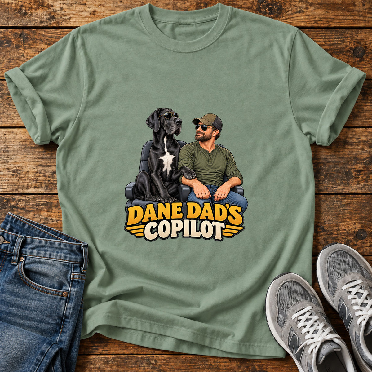 Dane Copilot Great Dane graphic T-shirt in Sage, shown on a flat-lay shirt mockup