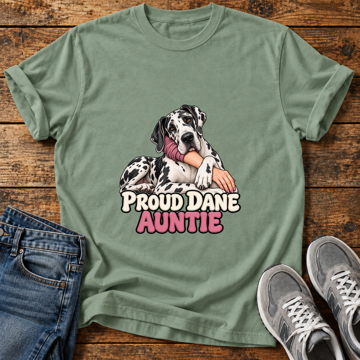 Proud Dane Auntie Great Dane graphic T-shirt in Sage, shown on a flat-lay shirt mockup