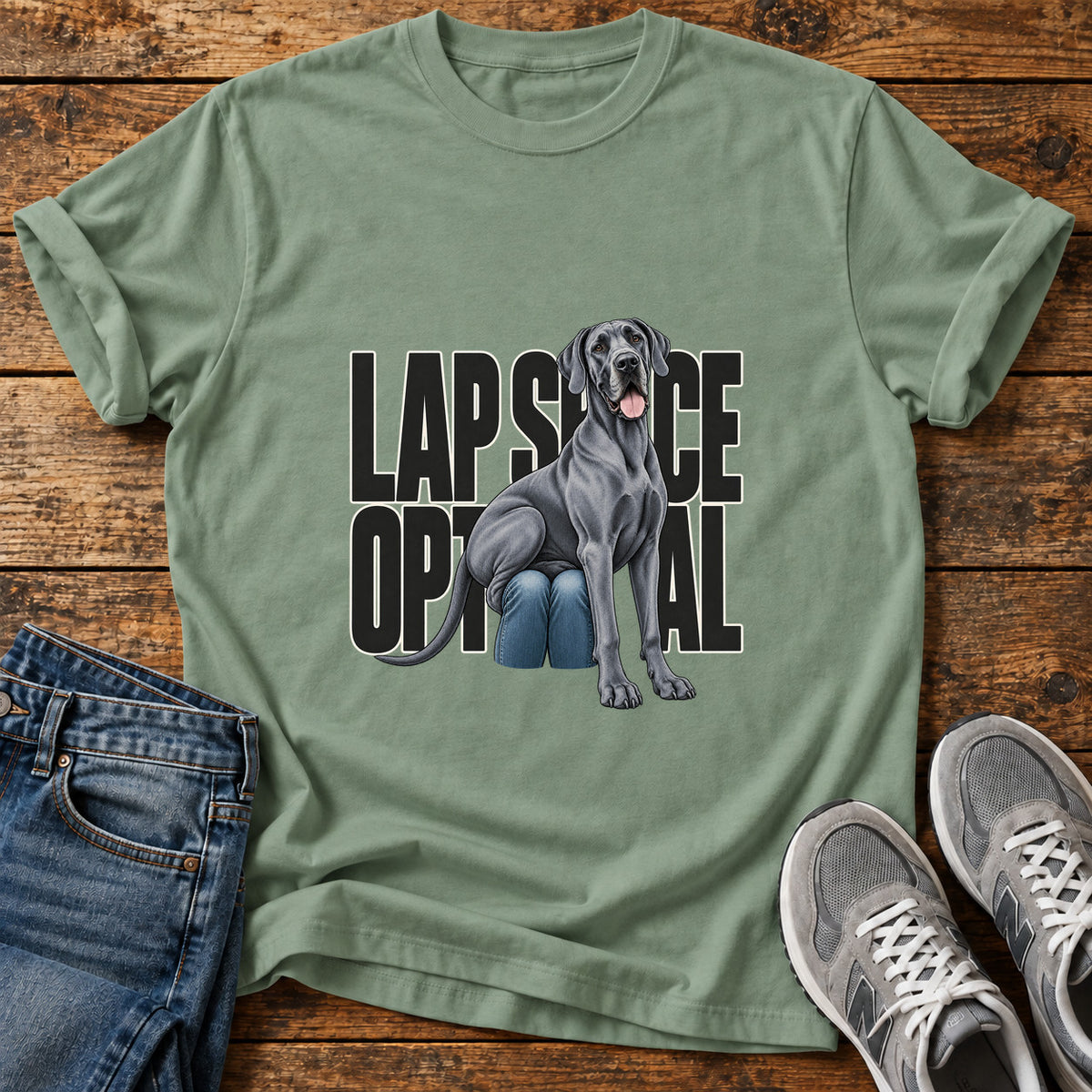 Lap Space Optional Great Dane graphic T-shirt in Sage, shown on a flat-lay shirt mockup