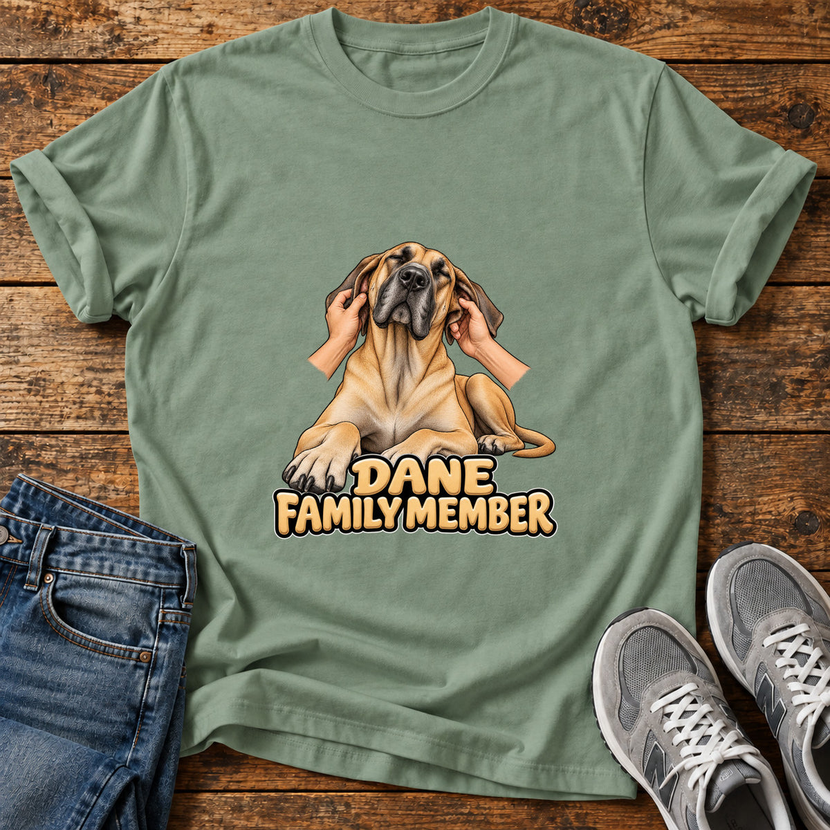 Dane Family Member Great Dane graphic T-shirt in Sage, shown on a flat-lay shirt mockup