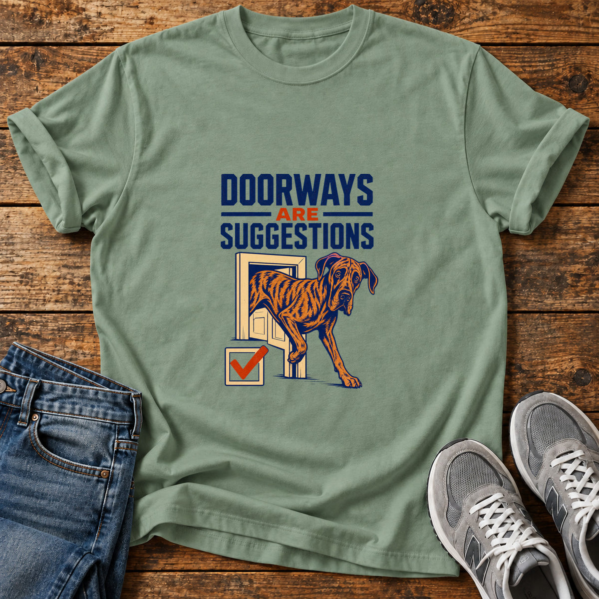 Doorways Suggestions Great Dane graphic T-shirt in Sage, shown on a flat-lay shirt mockup
