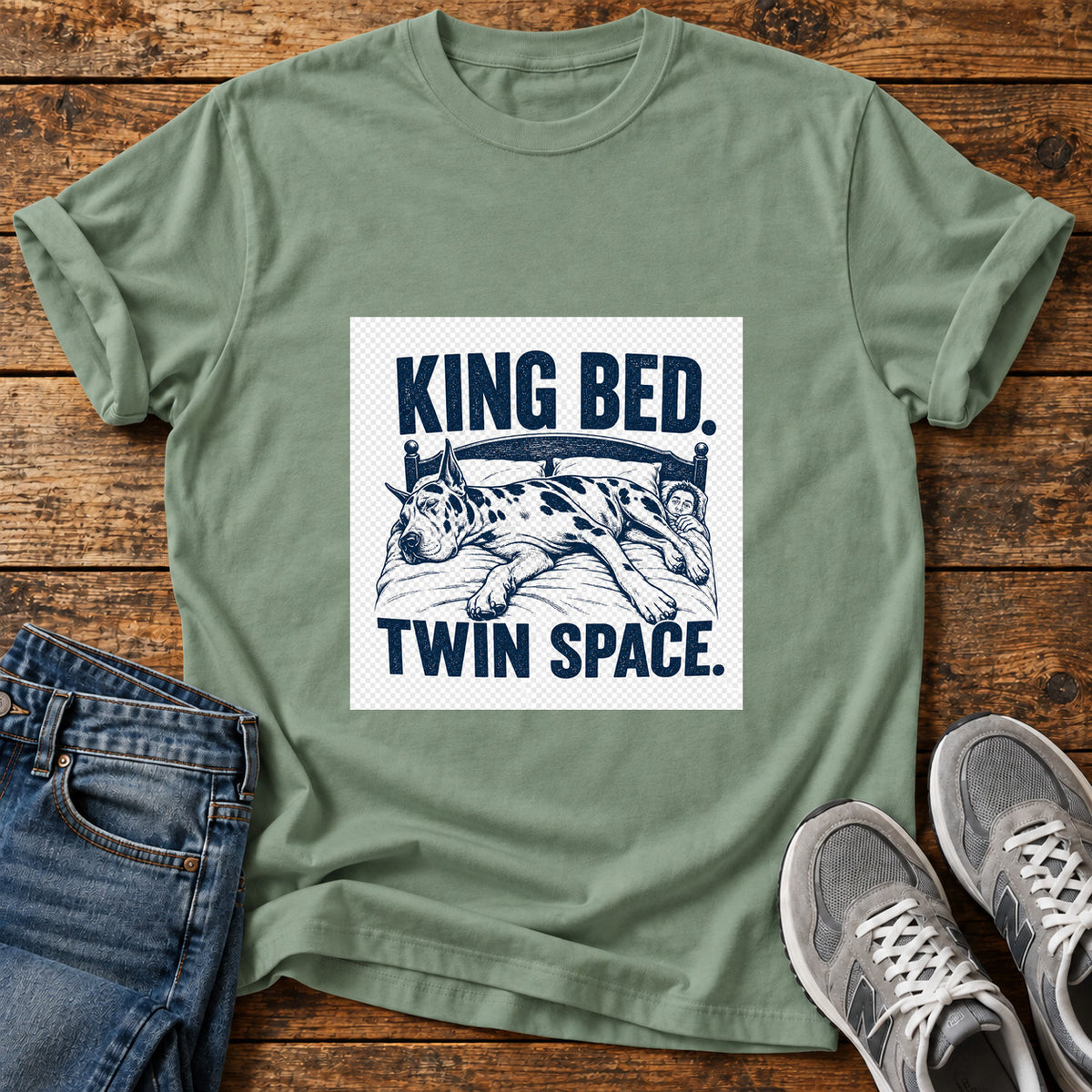 King Bed Great Dane graphic T-shirt in Sage, shown on a flat-lay shirt mockup