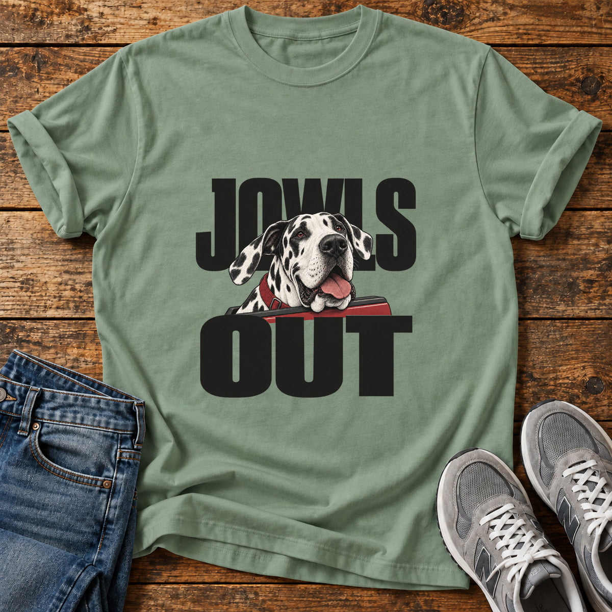 Jowls Out Great Dane graphic T-shirt in Sage, shown on a flat-lay shirt mockup
