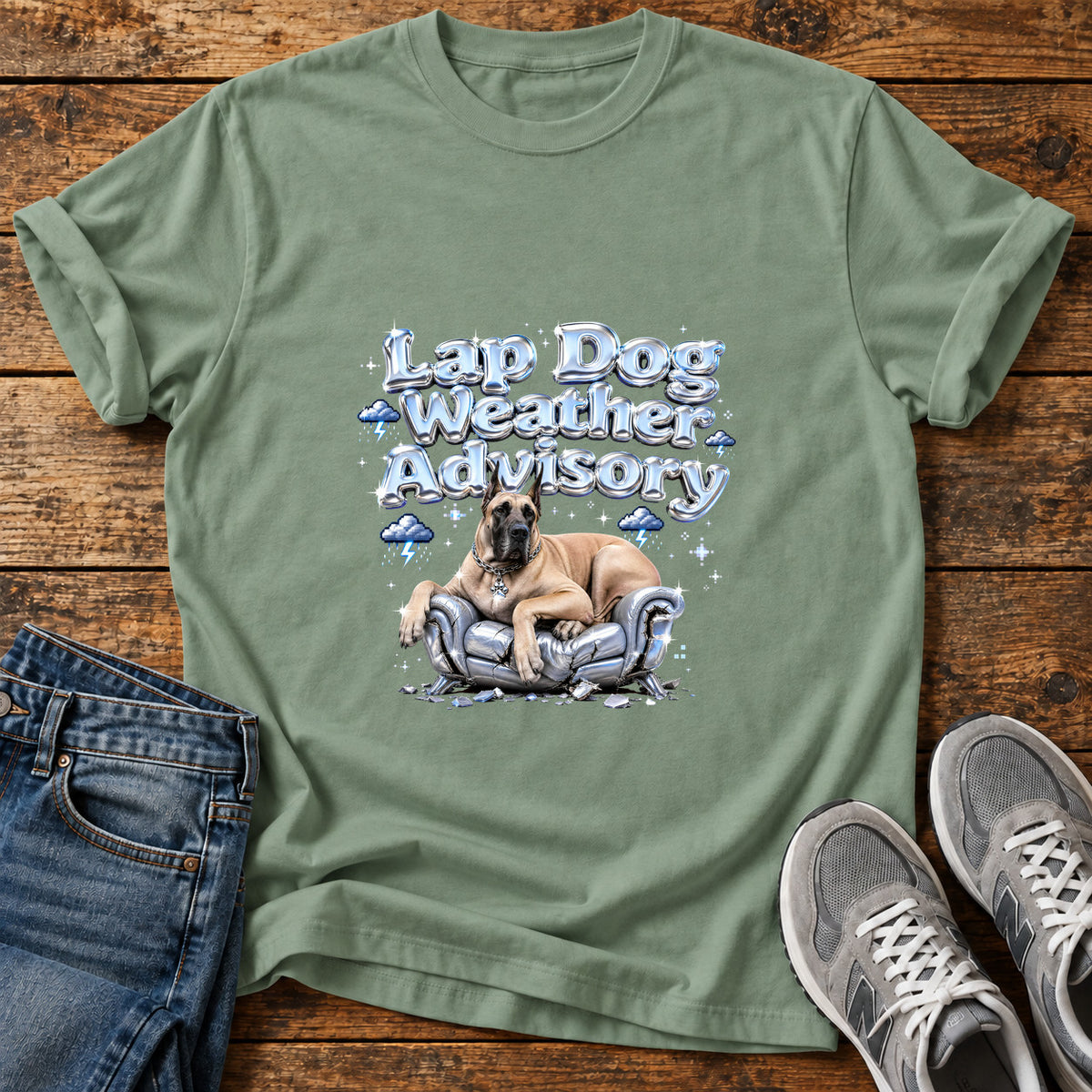 Lap Dog Advisory Great Dane graphic T-shirt in Sage, shown on a flat-lay shirt mockup