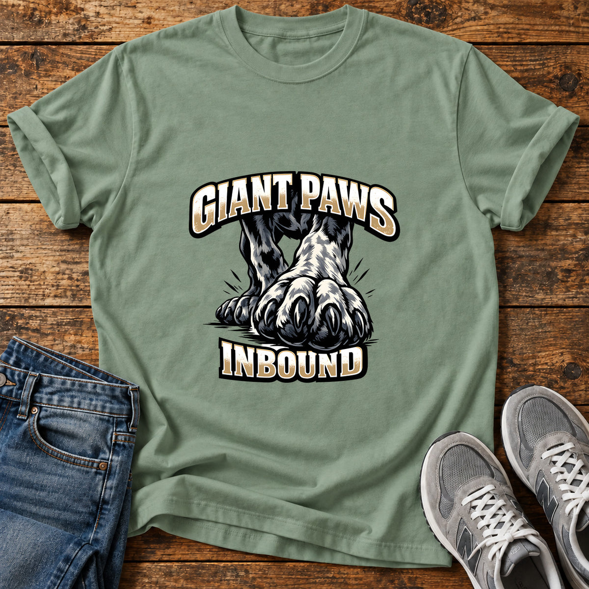 Giant Paws Inbound Great Dane graphic T-shirt in Sage, shown on a flat-lay shirt mockup
