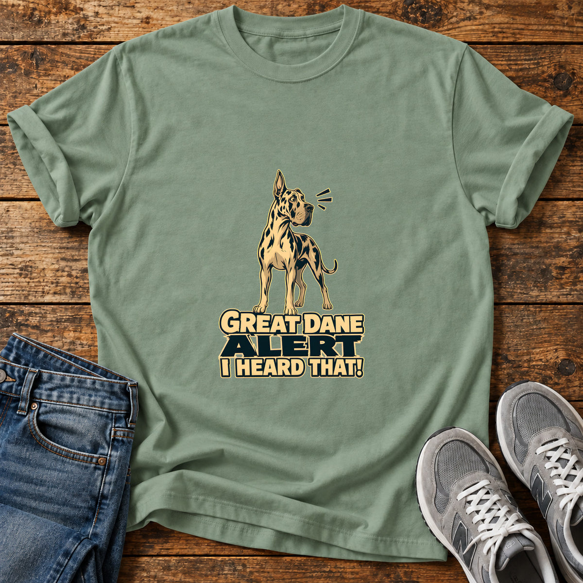 Great Dane Alert graphic T-shirt in Sage, shown on a flat-lay shirt mockup