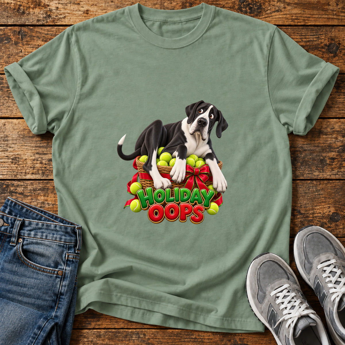 Holiday Oops Great Dane graphic T-shirt in Sage, shown on a flat-lay shirt mockup