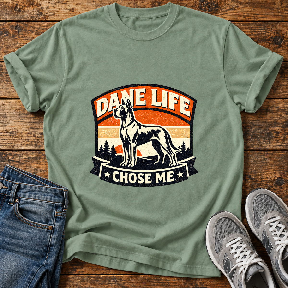 Dane Life Great Dane graphic T-shirt in Sage, shown on a flat-lay shirt mockup
