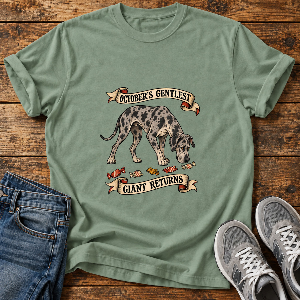 October's Gentlest Great Dane graphic T-shirt in Sage, shown on a flat-lay shirt mockup