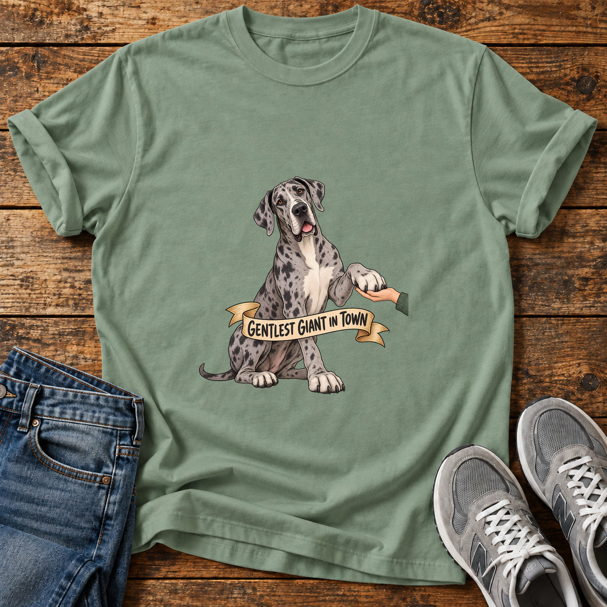 Gentlest Giant Great Dane graphic T-shirt in Sage, shown on a flat-lay shirt mockup