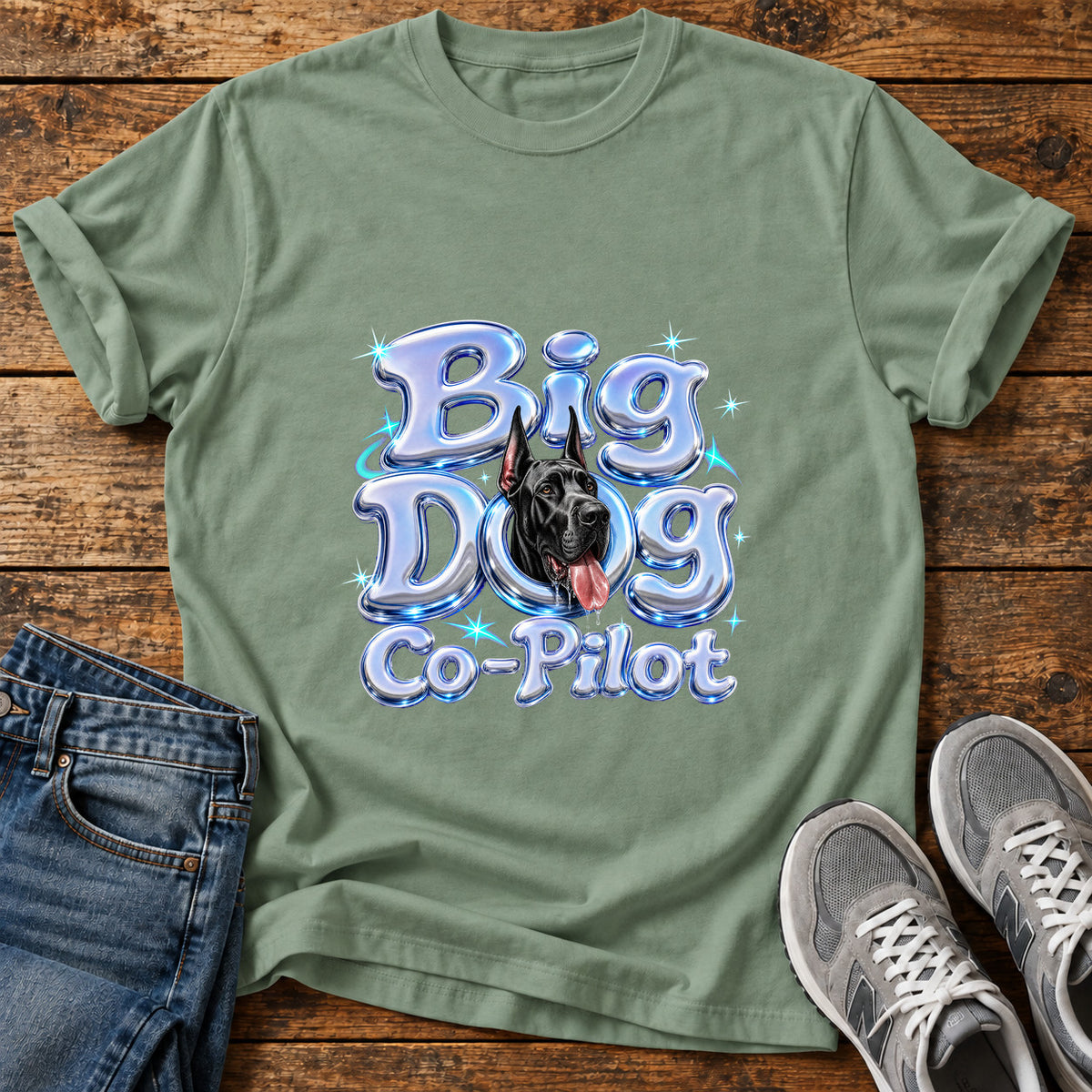 Big Dog Co-Pilot Great Dane graphic T-shirt in Sage, shown on a flat-lay shirt mockup