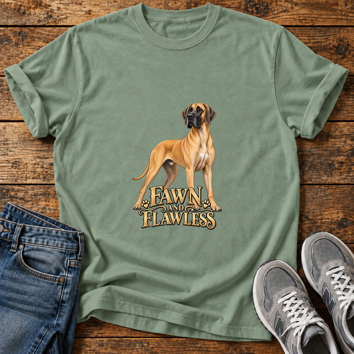 Fawn and Flawless Great Dane graphic T-shirt in Sage, shown on a flat-lay shirt mockup