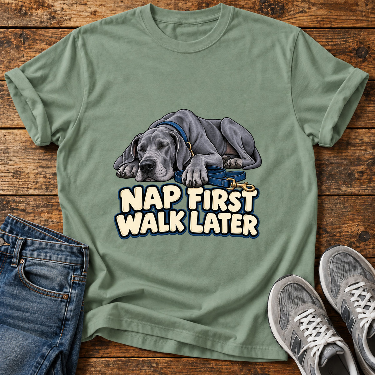 Nap First Great Dane graphic T-shirt in Sage, shown on a flat-lay shirt mockup
