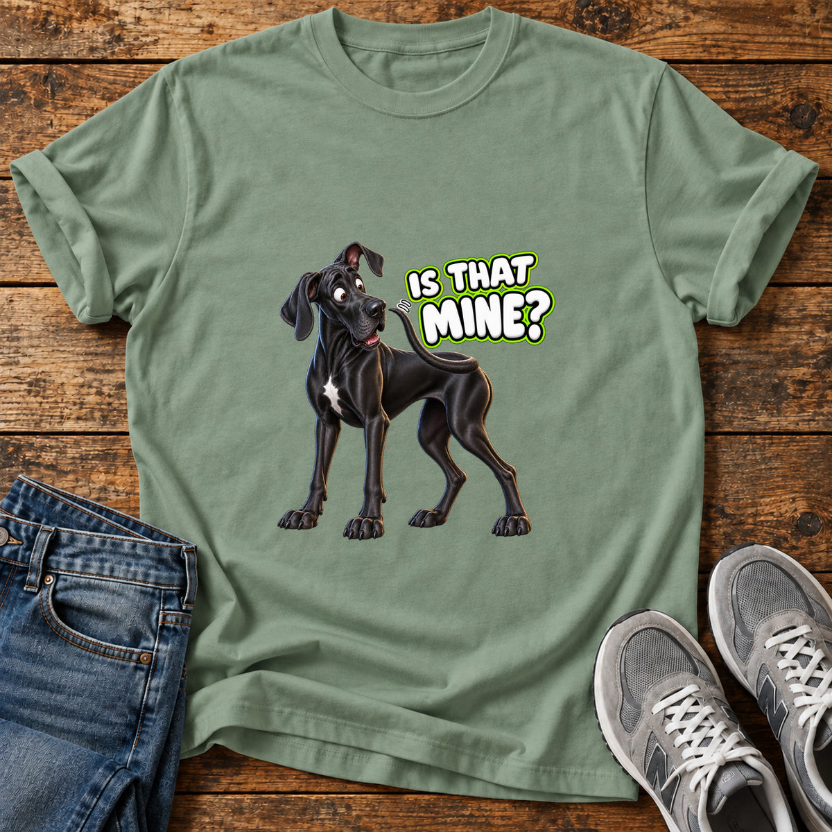 Is That Mine Great Dane graphic T-shirt in Sage, shown on a flat-lay shirt mockup