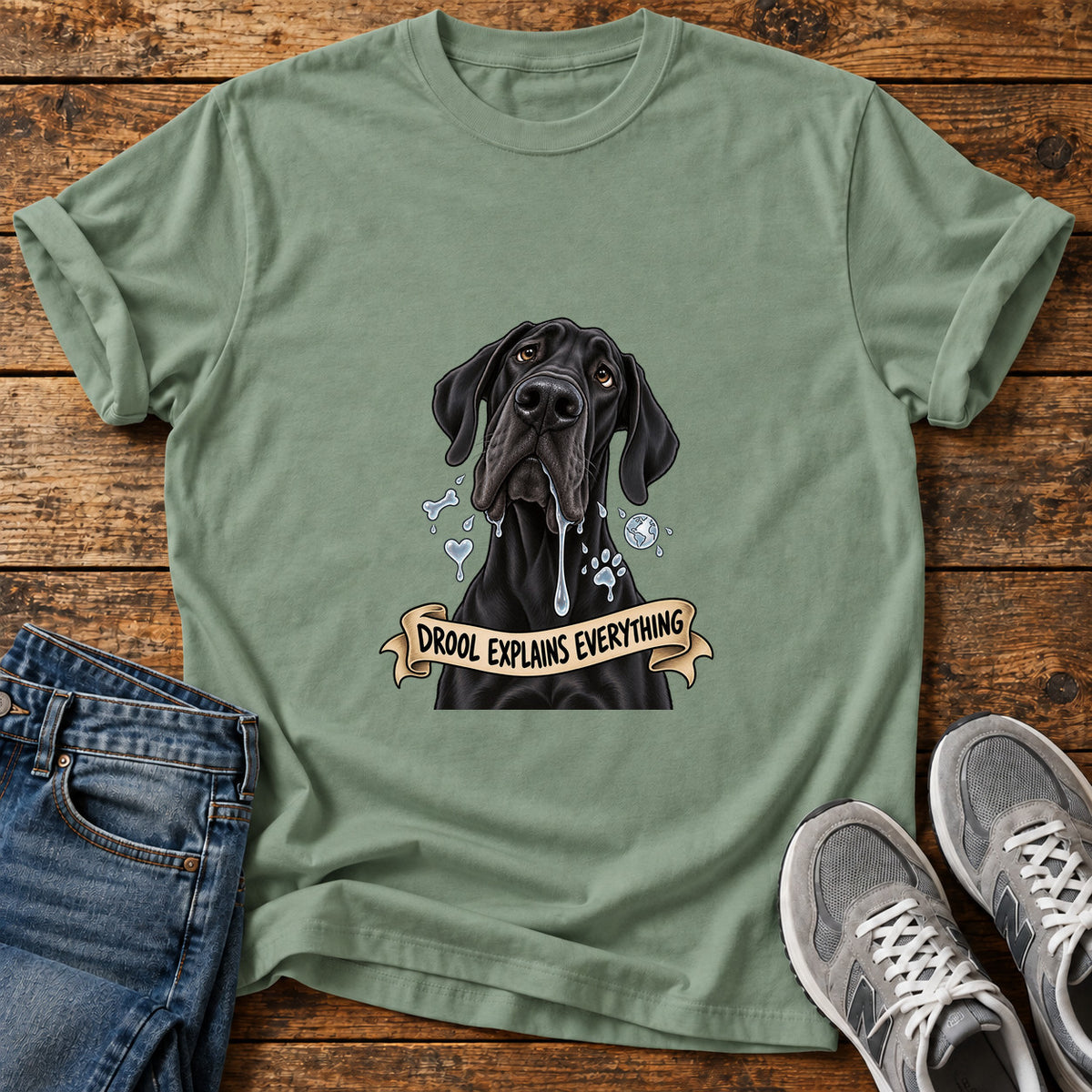 Drool Explains Everything Great Dane graphic T-shirt in Sage, shown on a flat-lay shirt mockup