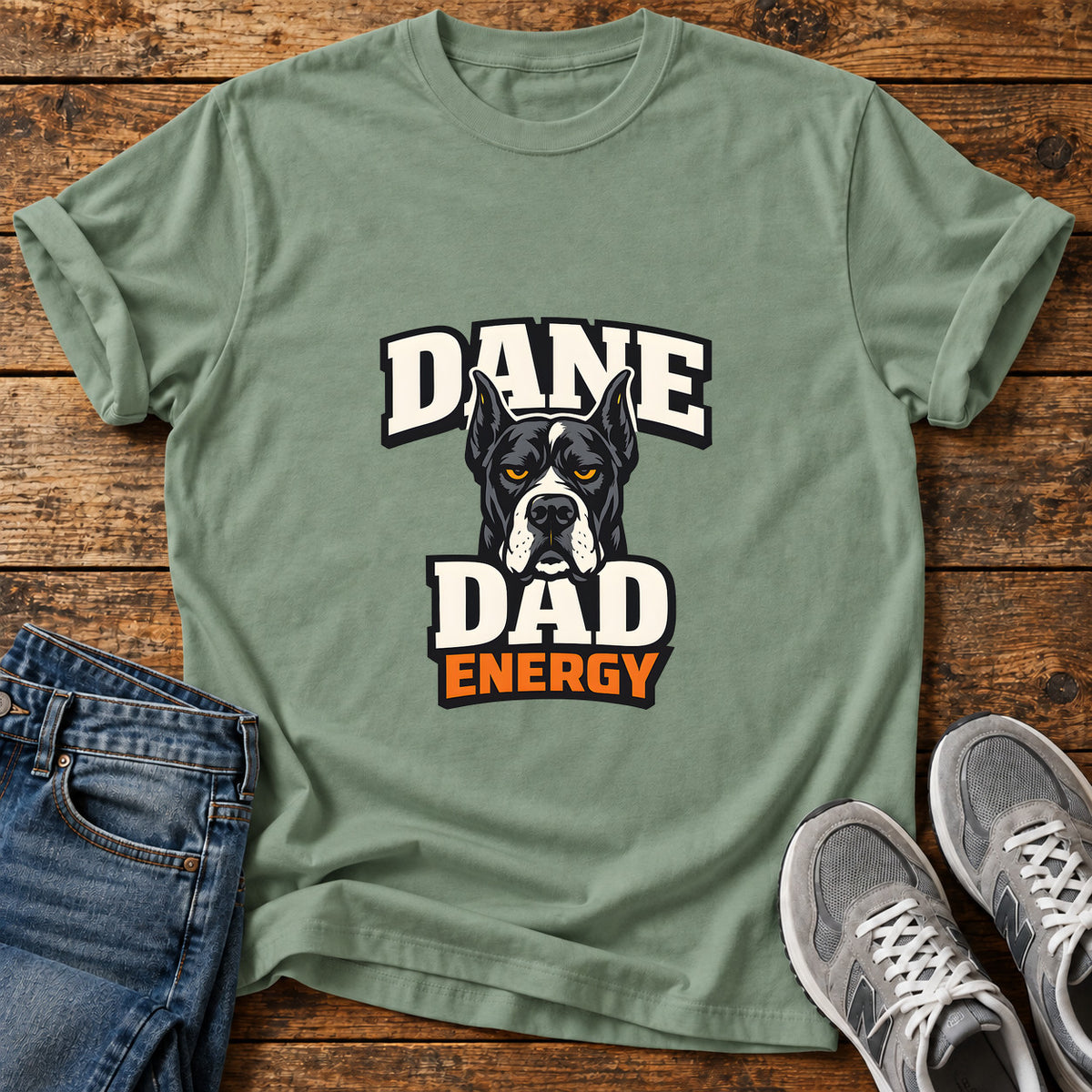 Dane Dad Energy Great Dane graphic T-shirt in Sage, shown on a flat-lay shirt mockup