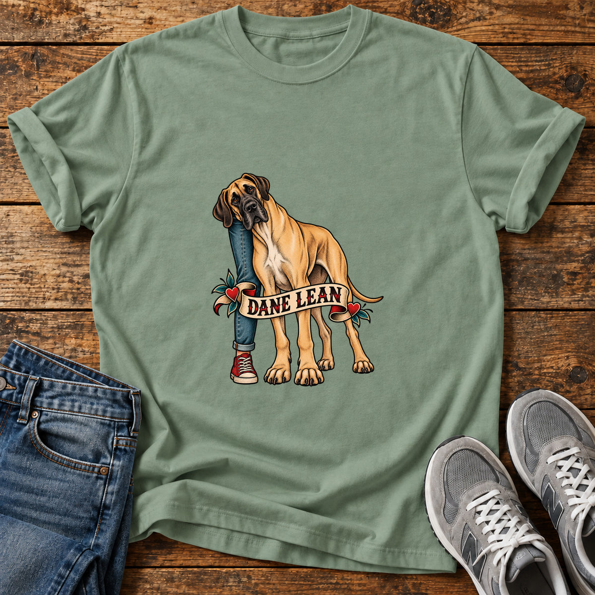 Dane Lean Great Dane graphic T-shirt in Sage, shown on a flat-lay shirt mockup
