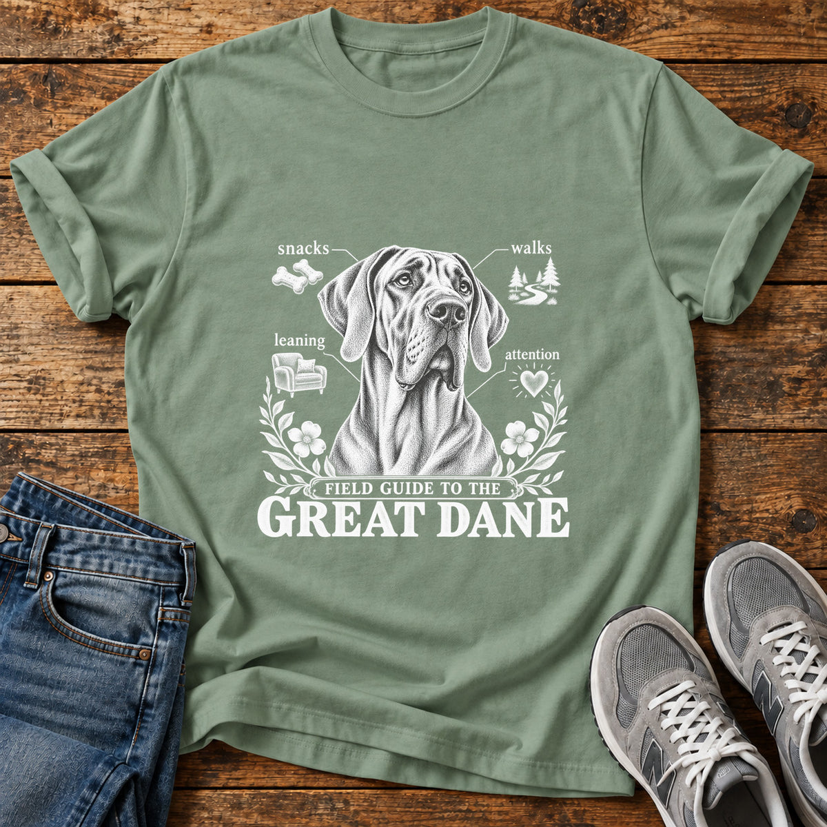 Great Dane Guide graphic T-shirt in Sage, shown on a flat-lay shirt mockup