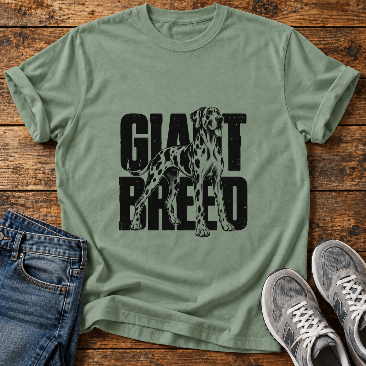 Giant Breed Great Dane graphic T-shirt in Sage, shown on a flat-lay shirt mockup