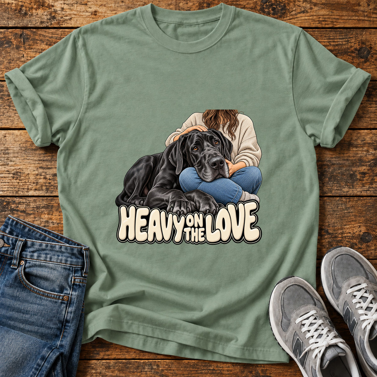 Heavy Love Great Dane graphic T-shirt in Sage, shown on a flat-lay shirt mockup