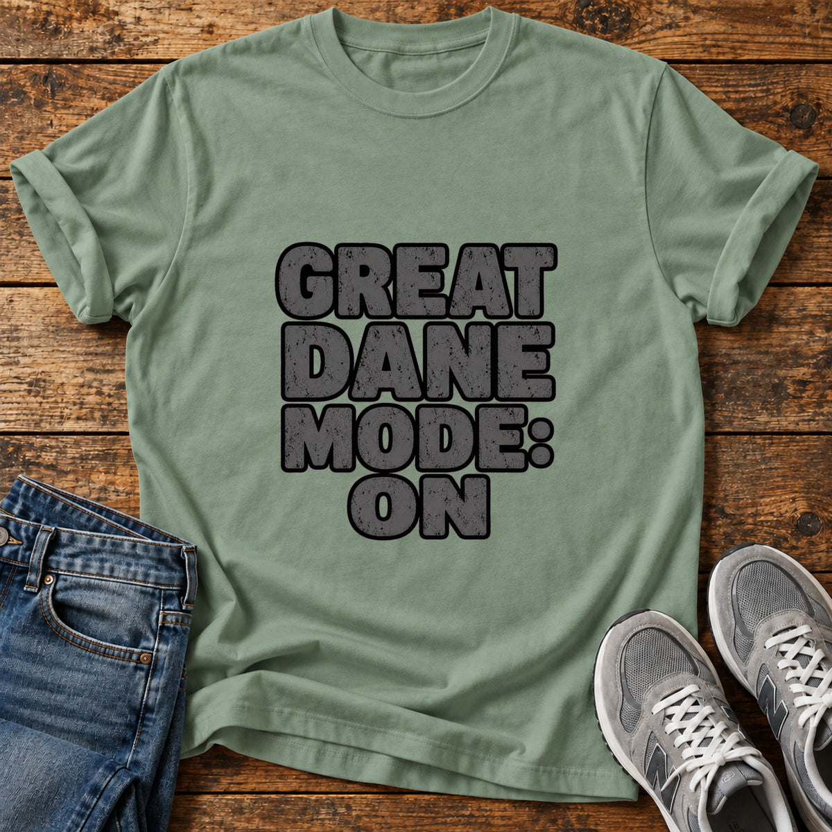 Great Dane Mode graphic T-shirt in Sage, shown on a flat-lay shirt mockup