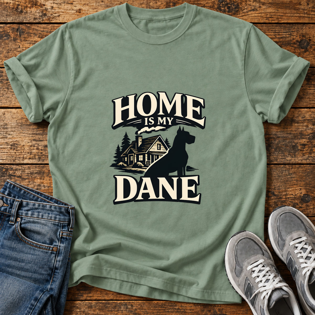 Home Dane Great Dane graphic T-shirt in Sage, shown on a flat-lay shirt mockup