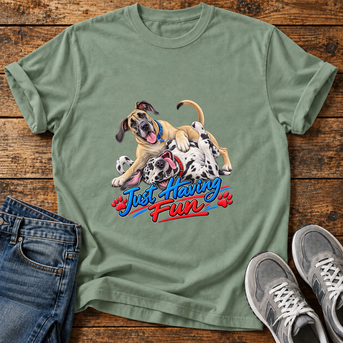 Just Having Fun Great Dane graphic T-shirt in Sage, shown on a flat-lay shirt mockup