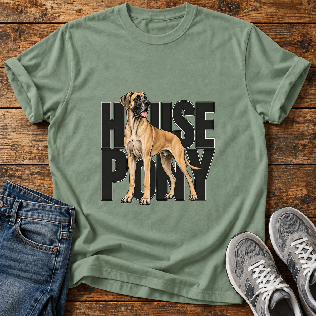 House Pony Great Dane graphic T-shirt in Sage, shown on a flat-lay shirt mockup