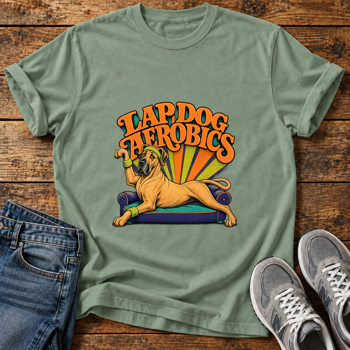 Lap Dog Aerobics Great Dane graphic T-shirt in Sage, shown on a flat-lay shirt mockup