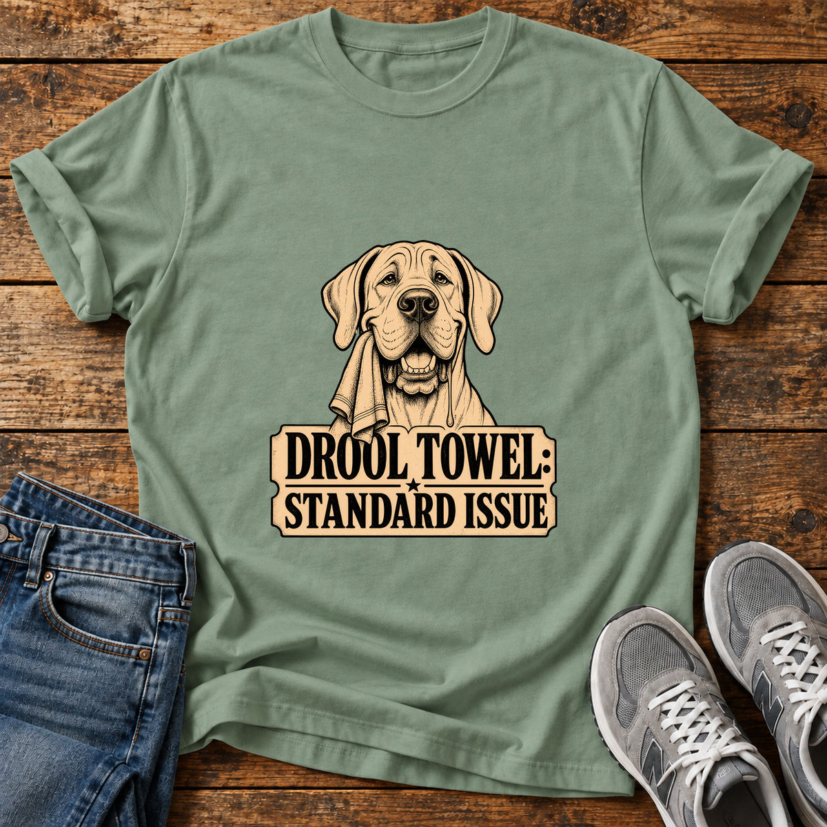 Drool Towel Standard Great Dane graphic T-shirt in Sage, shown on a flat-lay shirt mockup