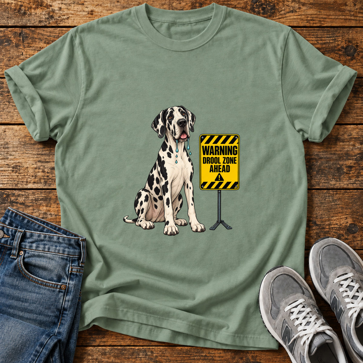 Drool Zone Warning Great Dane graphic T-shirt in Sage, shown on a flat-lay shirt mockup