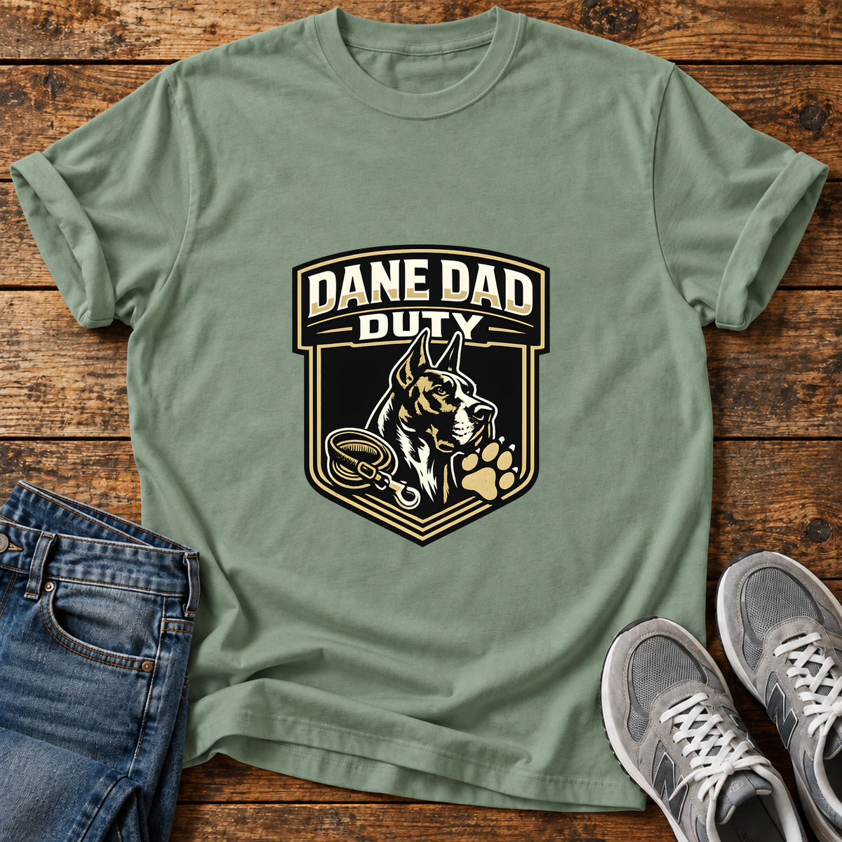 Dane Dad Duty Great Dane graphic T-shirt in Sage, shown on a flat-lay shirt mockup