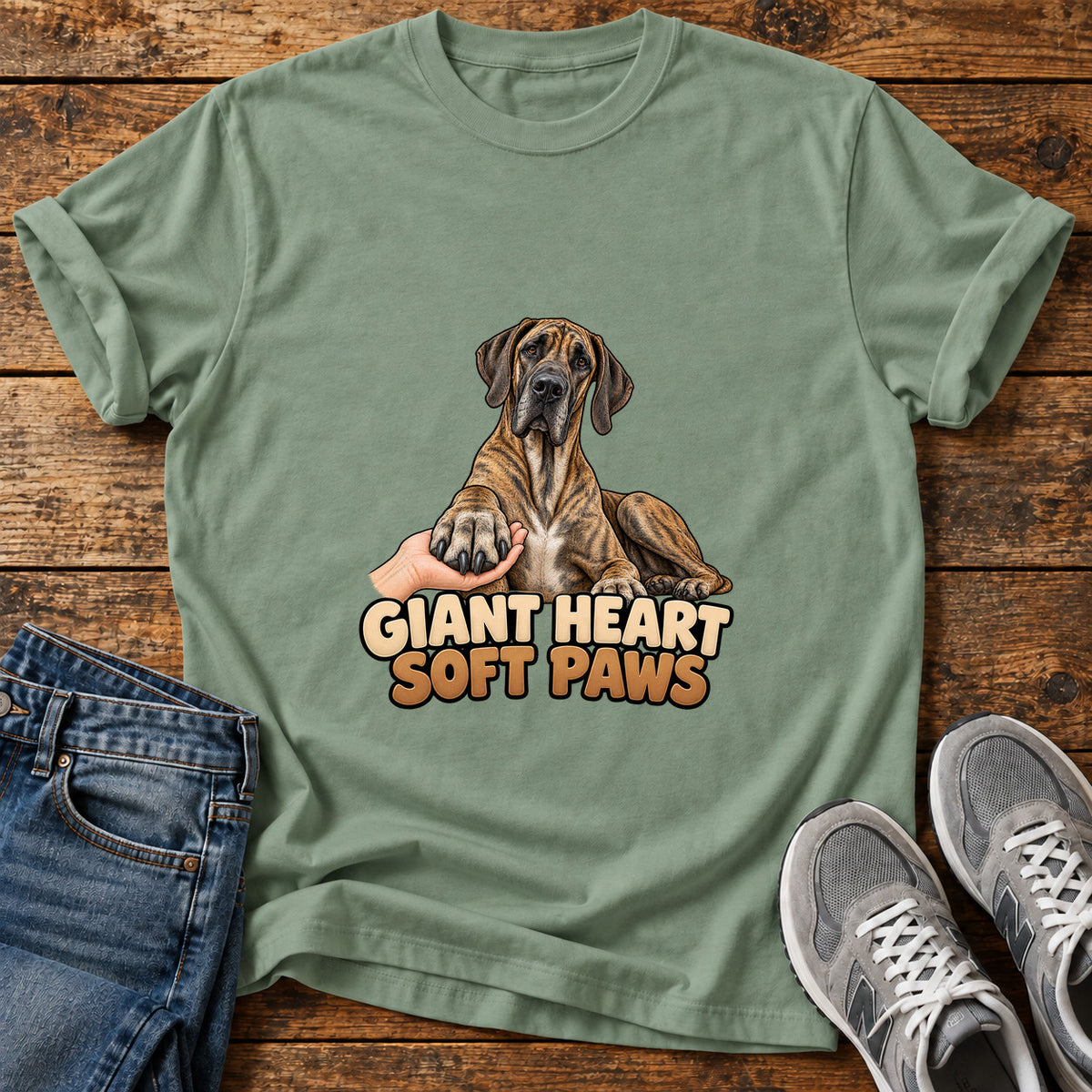Giant Heart Great Dane graphic T-shirt in Sage, shown on a flat-lay shirt mockup
