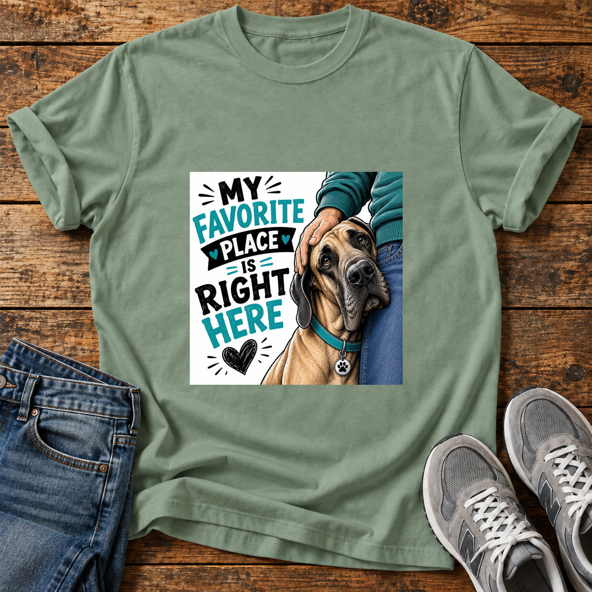 Favorite Place Great Dane graphic T-shirt in Sage, shown on a flat-lay shirt mockup
