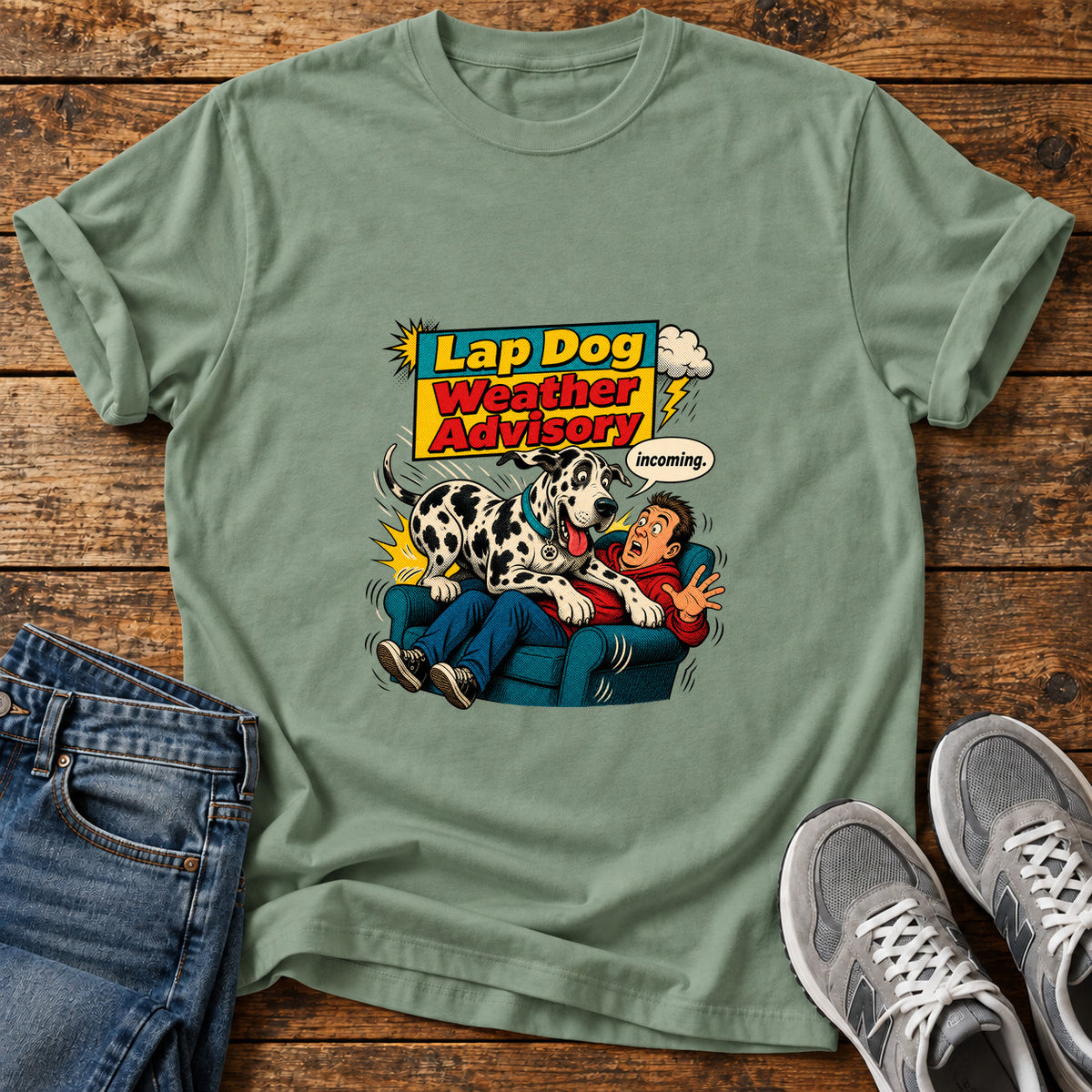 Lap Dog Advisory Great Dane graphic T-shirt in Sage, shown on a flat-lay shirt mockup
