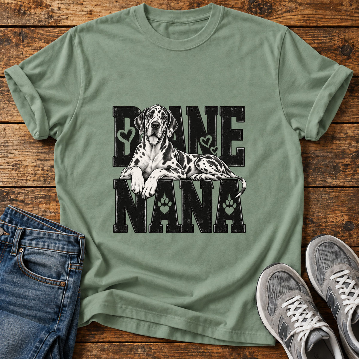 Dane Nana Great Dane graphic T-shirt in Sage, shown on a flat-lay shirt mockup