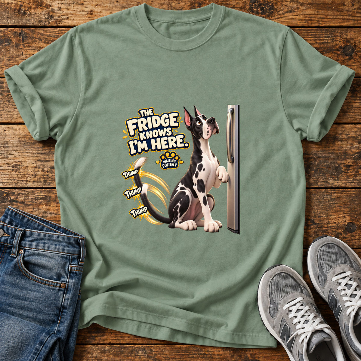 Fridge Knows Great Dane graphic T-shirt in Sage, shown on a flat-lay shirt mockup