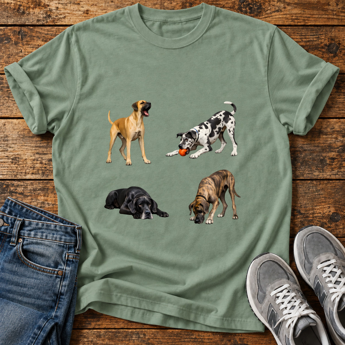 Great Dane Quartet graphic T-shirt in Sage, shown on a flat-lay shirt mockup